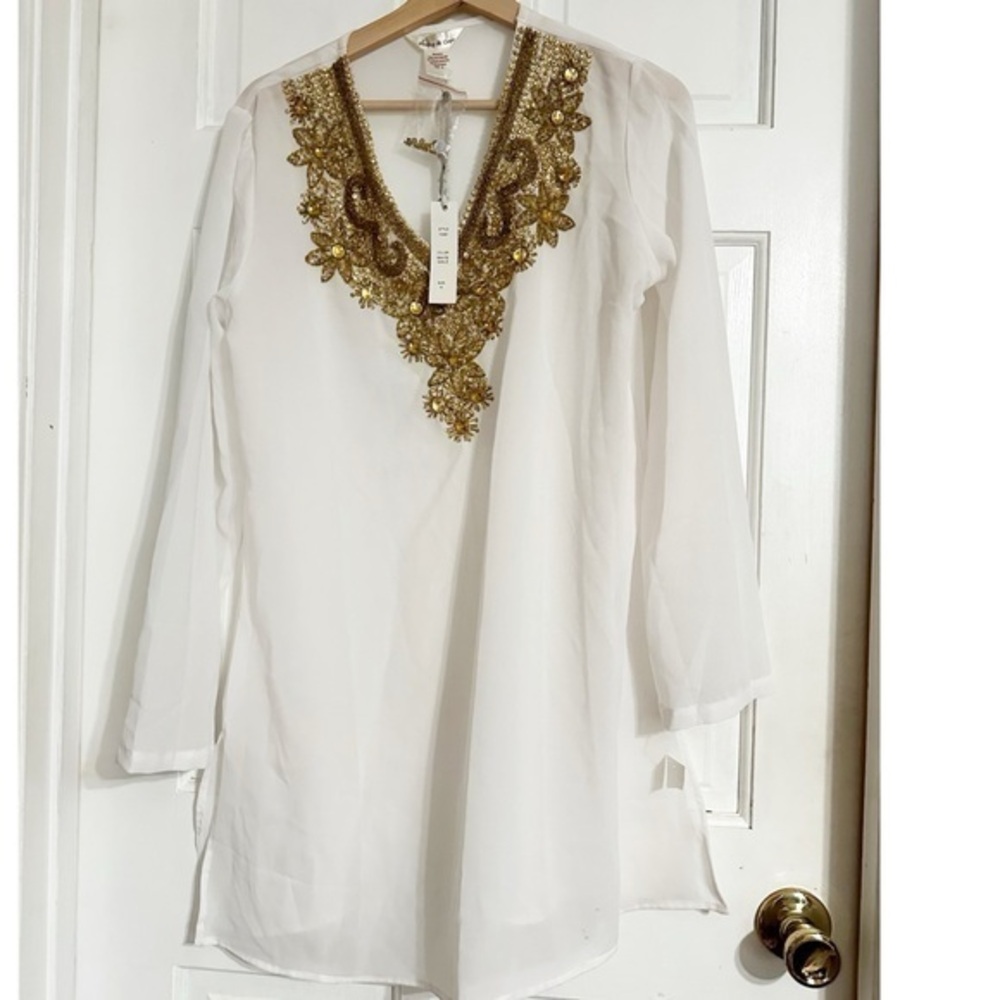 Lucky & Coco Gold Beaded Sheer Tunic Cover Up NWT Sz M